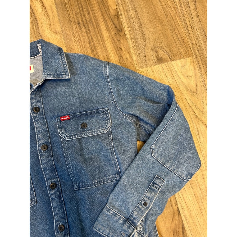 Wrangler Mens Denim Shirt Jacket Blue Cotton Button Up Elbow Patches Size Small - Picture 2 of 6